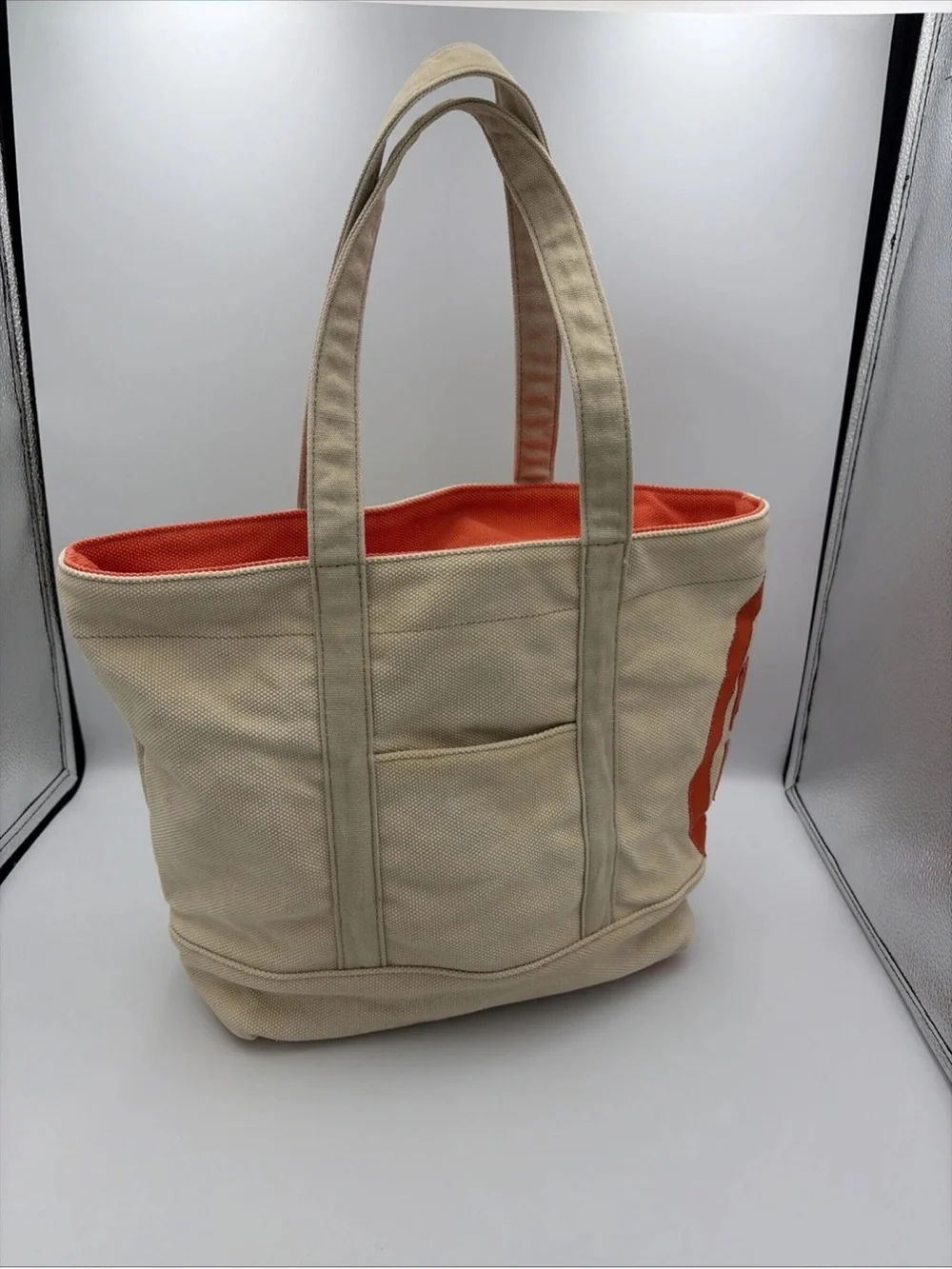 Tory Burch Beige Canvas Tote with Orange Logo Accent beach or summer handbag